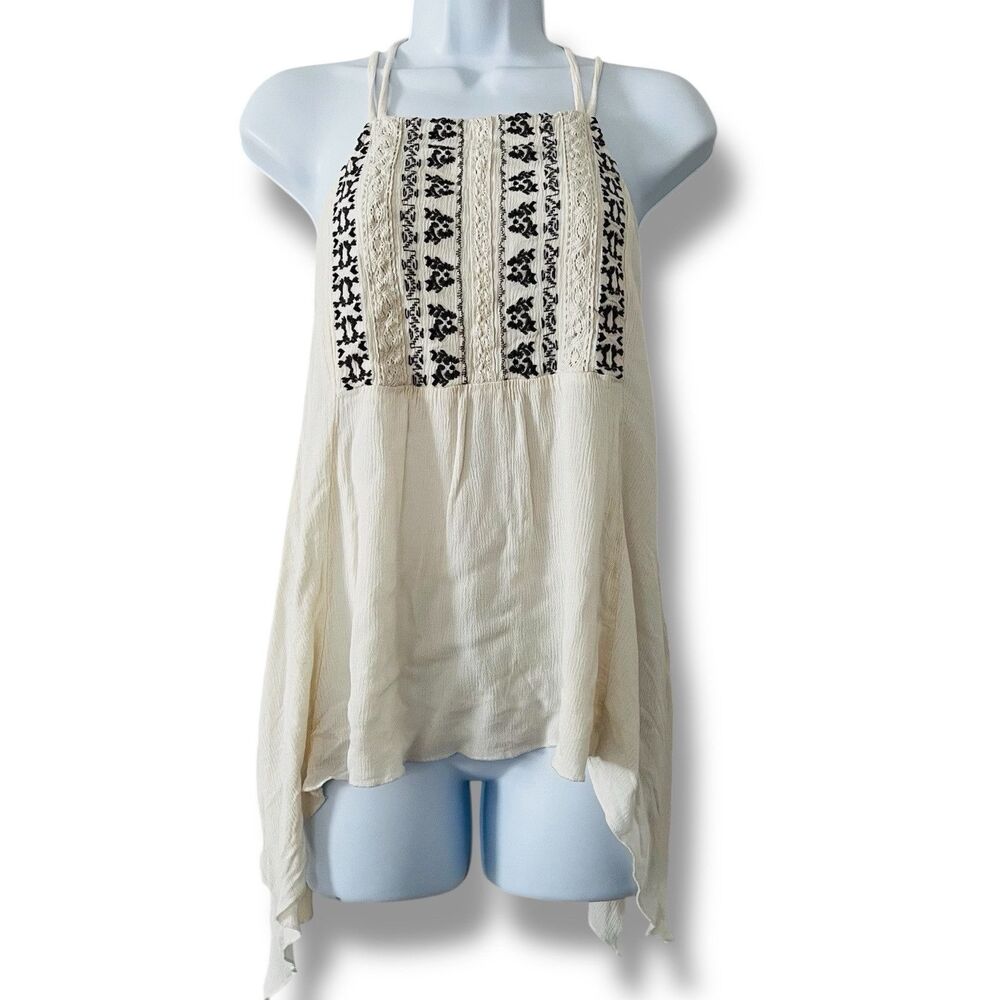 Maurices Flowy Halter Top Medium Cream Black Embroidery Asymmetrical Cross Strap